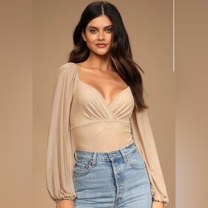 Text Me Later Beige Mesh Long Sleeve Bodysuit